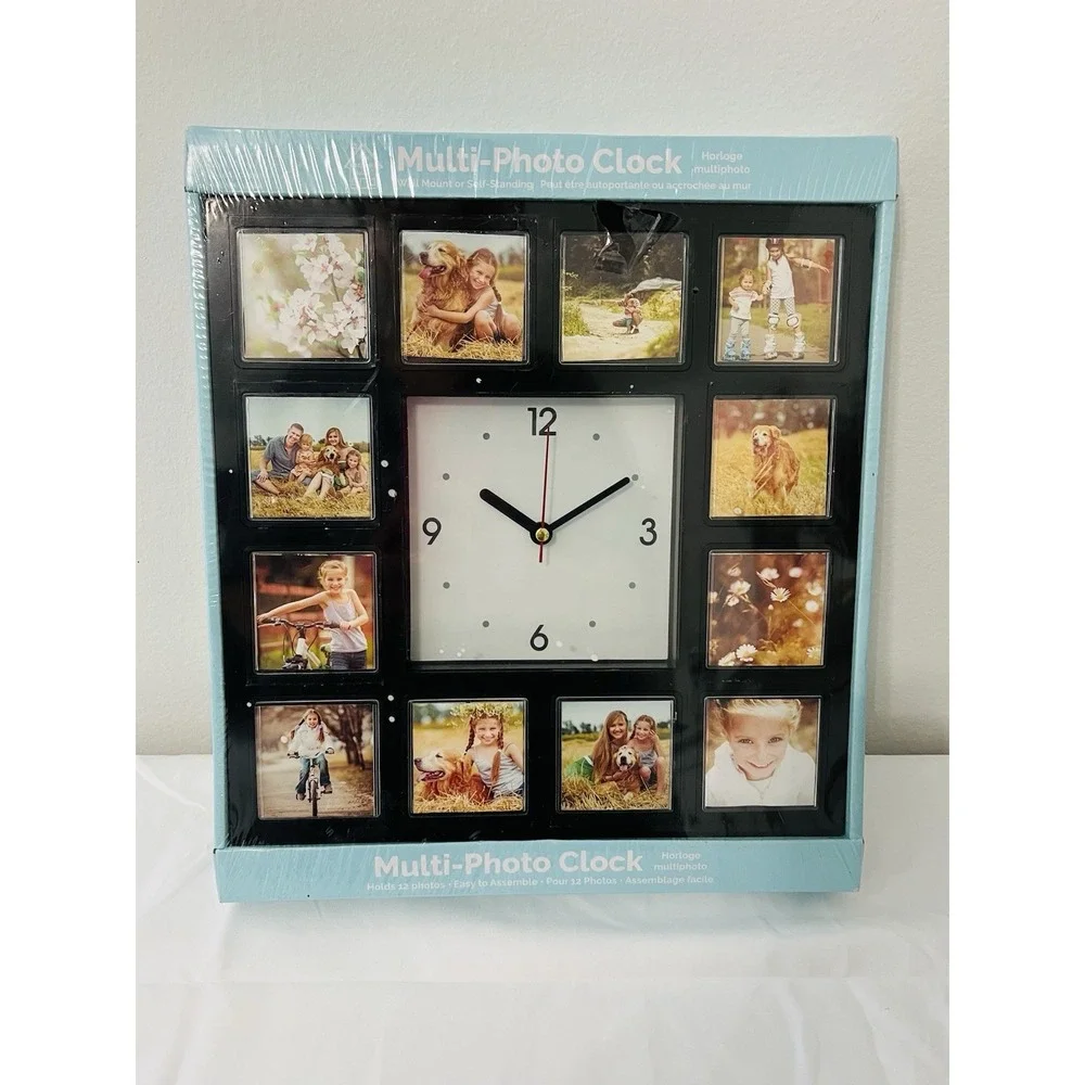 Square Personalized Multi Photo Analog Clock Holds 12 (2x2) Photos Wall Mounted‎